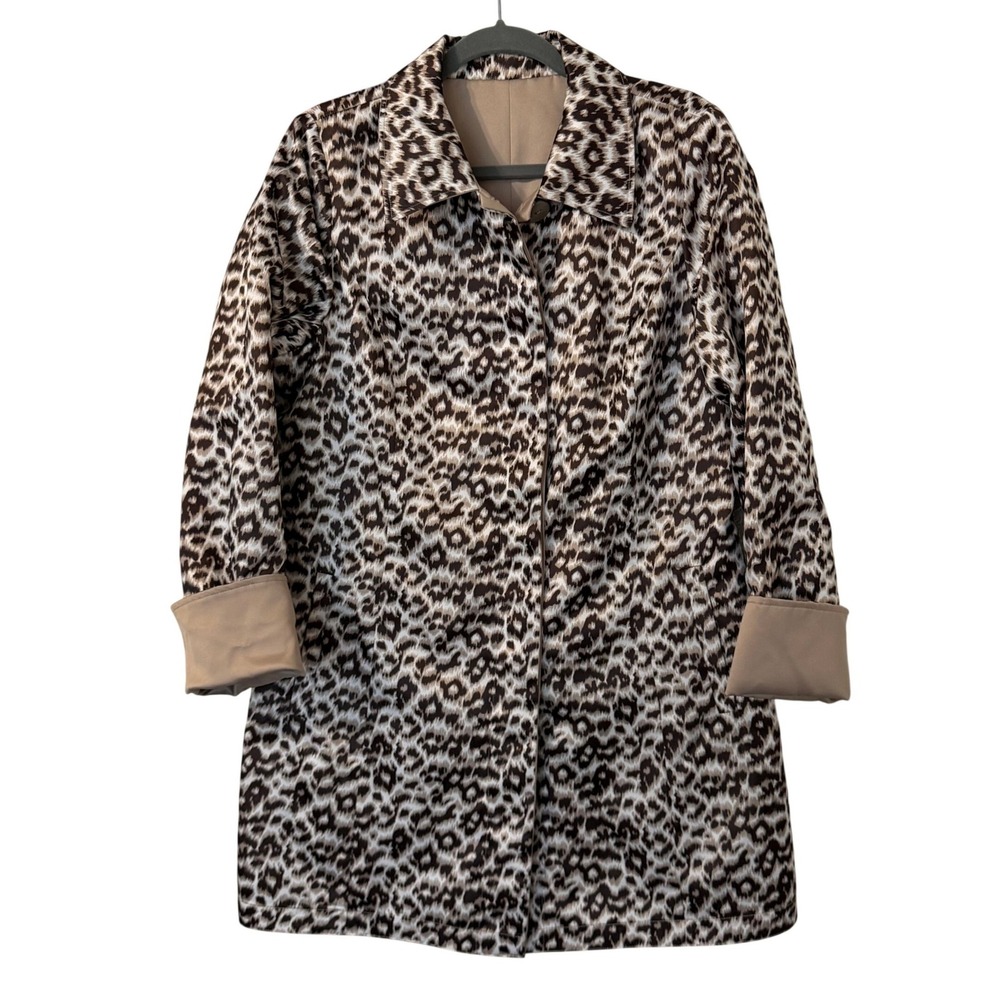 Dennis by Dennis Basso Reversible Leopard Print Tan Trench Coat Womens M Chic